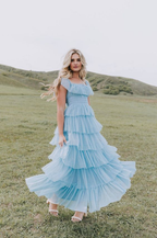 Fairy Sky Blue Sequare Neck Tiered Tulle Evening Dress Long Prom Dress