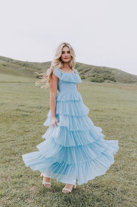 Fairy Sky Blue Sequare Neck Tiered Tulle Evening Dress Long Prom Dress