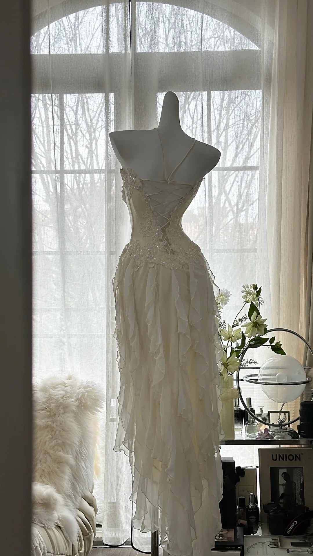 Fairy-Like Tube Top With Heart-Shaped Collar And Beaded Wood Ear Curled Skirt Chiffon Prom Dress