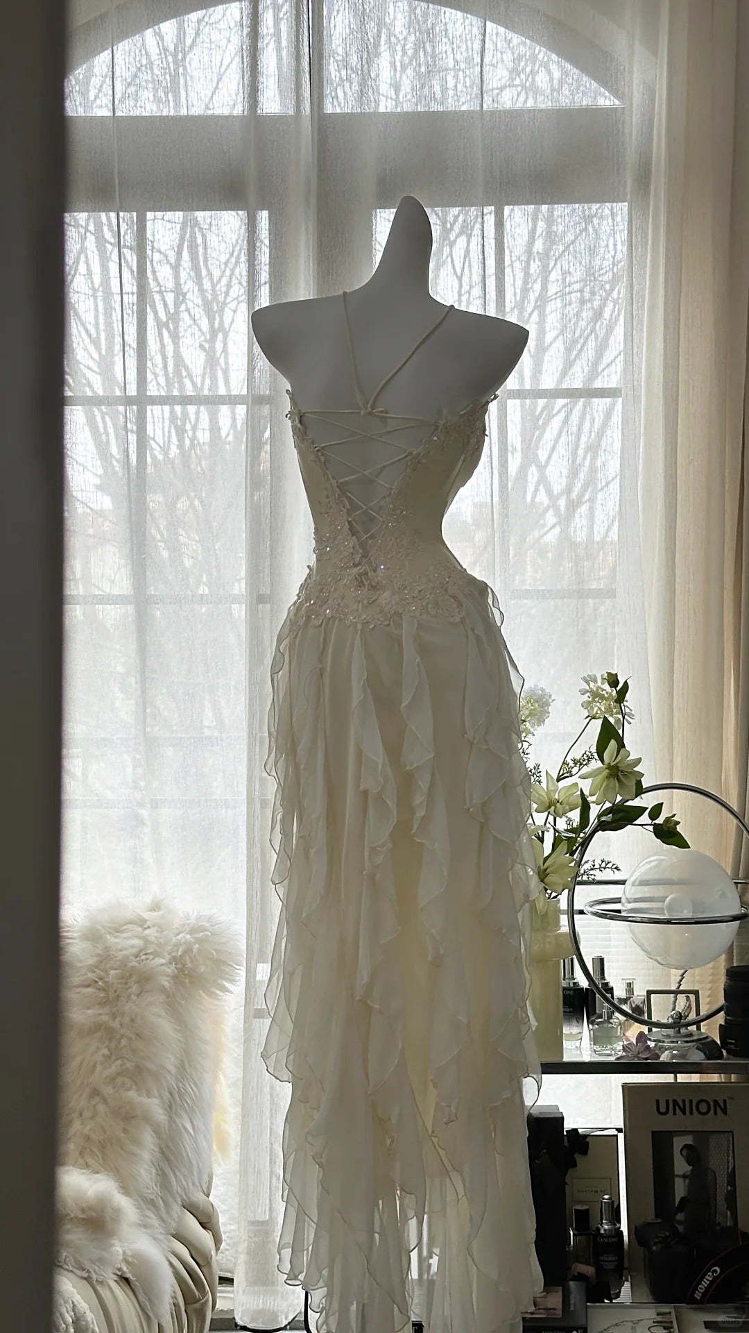 Fairy-Like Tube Top With Heart-Shaped Collar And Beaded Wood Ear Curled Skirt Chiffon Prom Dress