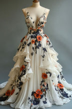 Fairytale A-Line Formal Prom Dress For Wedding Chiffon 3D Applique Evening Dress