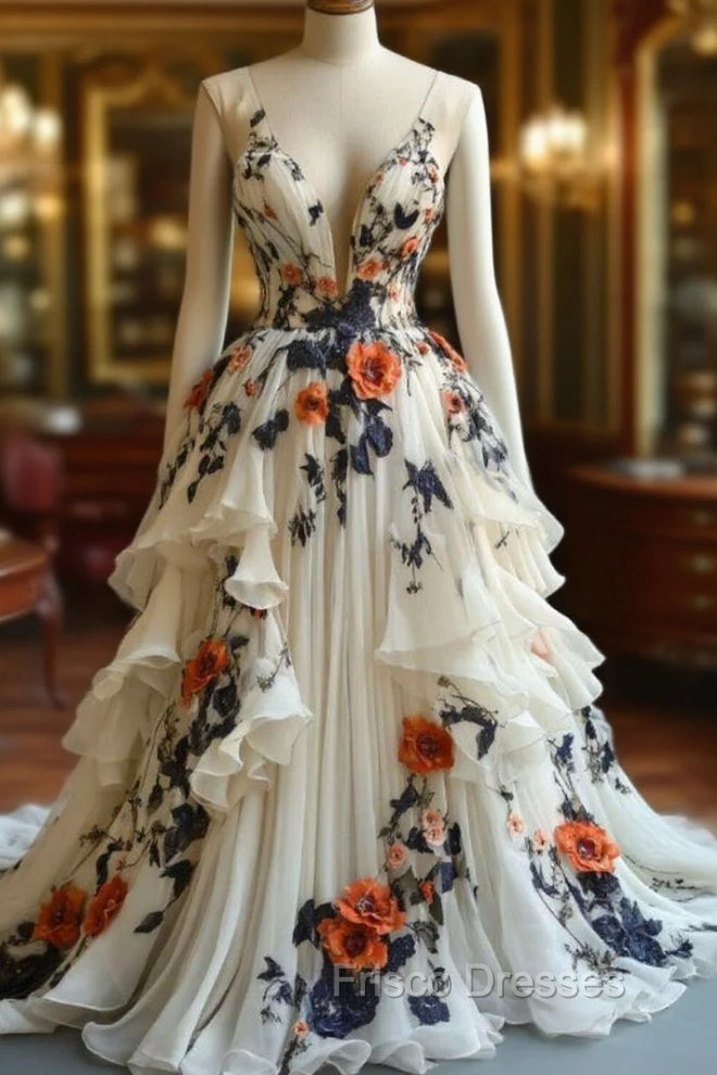 Fairytale A-Line Formal Prom Dress For Wedding Chiffon 3D Applique Evening Dress Main image