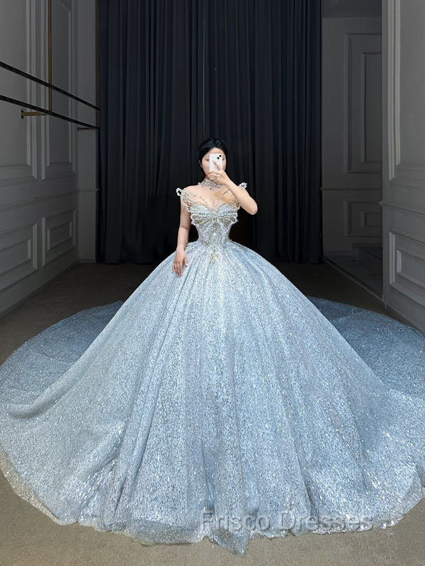 Fairytale Ball Gown Strapless Neckline Sequin Light Sky Blue Long Wedding Dress Brides Dress Secondary image