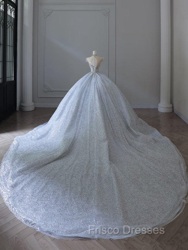 Fairytale Ball Gown Strapless Neckline Sequin Light Sky Blue Long Wedding Dress Brides Dress