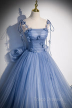 Fairytale Blue Flowers Long Tulle Ballgown Formal Prom Dress