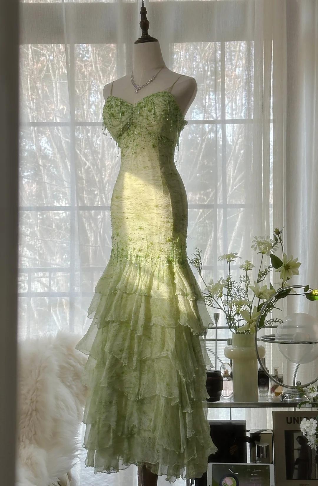 Fairytale Green Mermaid Vintage Party Dresses Sweetheart Chiffon Beaded Layed  Prom Dresses Secondary image