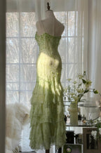 Fairytale Green Mermaid Vintage Party Dresses Sweetheart Chiffon Beaded Layed  Prom Dresses