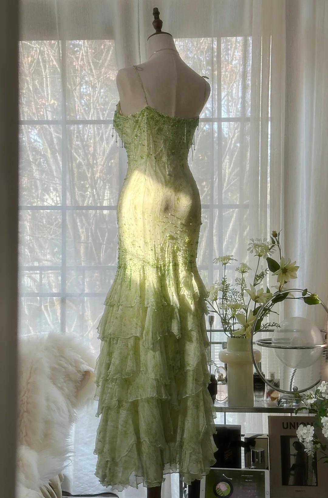 Fairytale Green Mermaid Vintage Party Dresses Sweetheart Chiffon Beaded Layed  Prom Dresses
