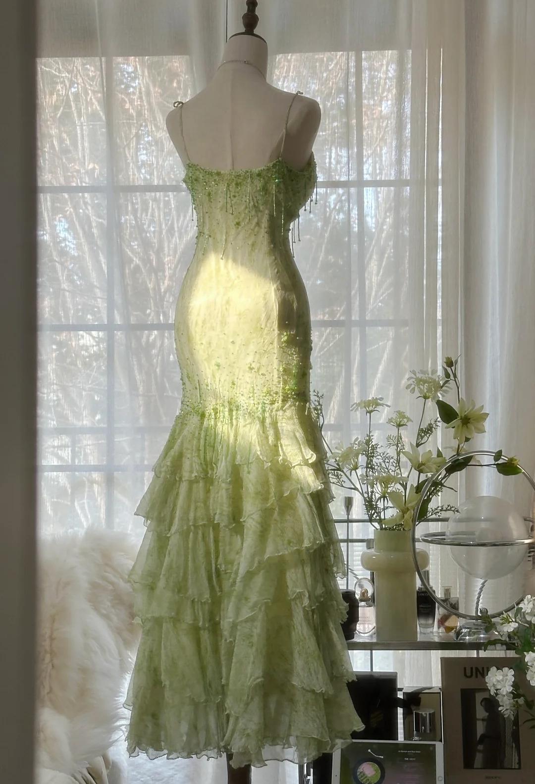 Fairytale Green Mermaid Vintage Party Dresses Sweetheart Chiffon Beaded Layed  Prom Dresses