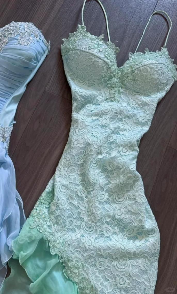 Fairytale Mint Green Spaghetti Straps Bodycon Chiffon Prom Dresses Lace Applique Sweet Party Dresses Secondary image