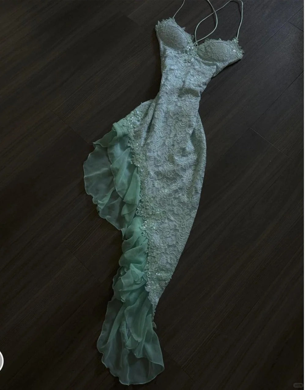 Fairytale Mint Green Spaghetti Straps Bodycon Chiffon Prom Dresses Lace Applique Sweet Party Dresses Main image