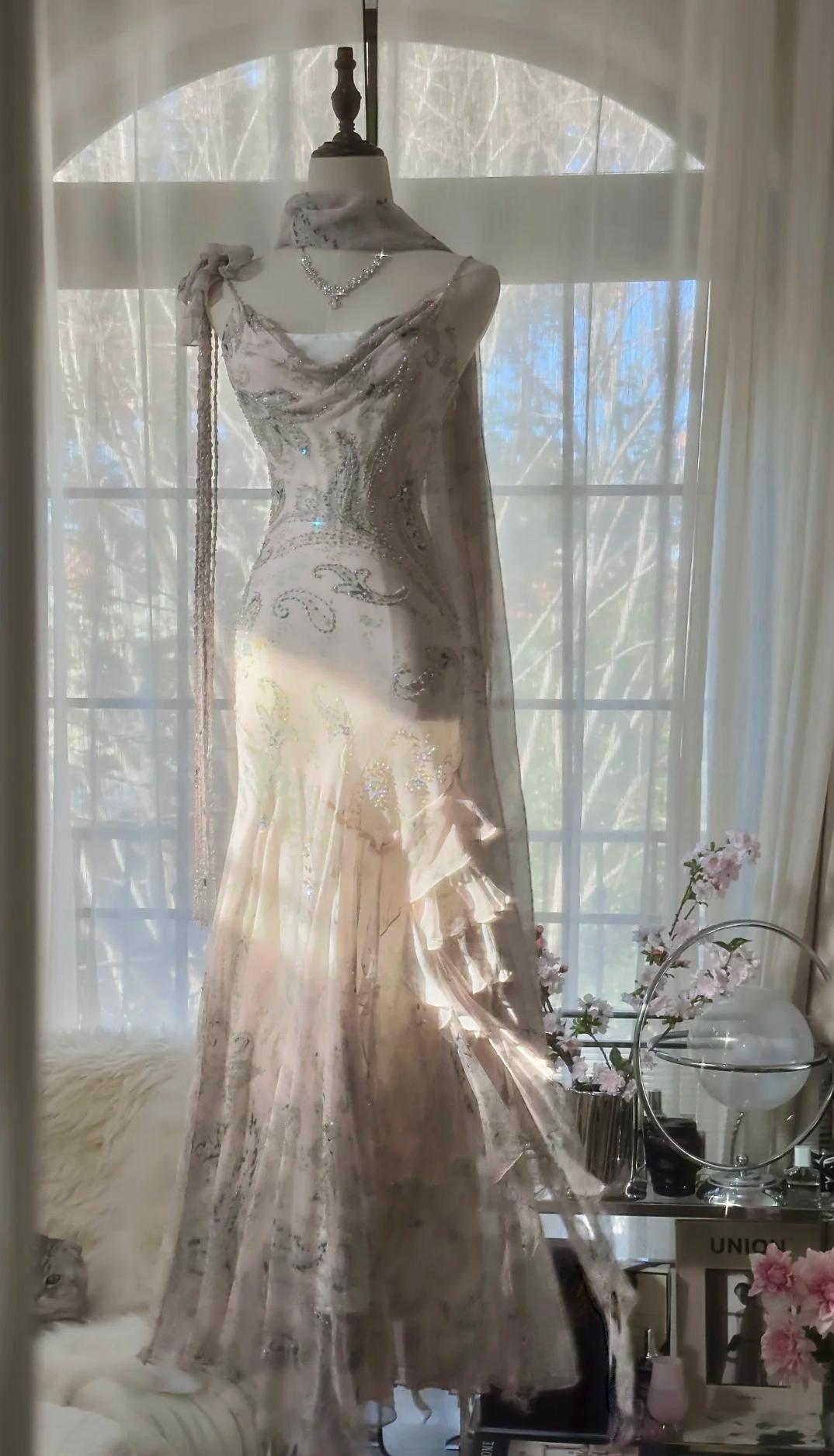 E??? Fairytale Pink Spaghetti Straps Mermaid Evening Gowns Vintage Elegant Beaded Silk Long Prom Dress Guest Dresses Secondary image