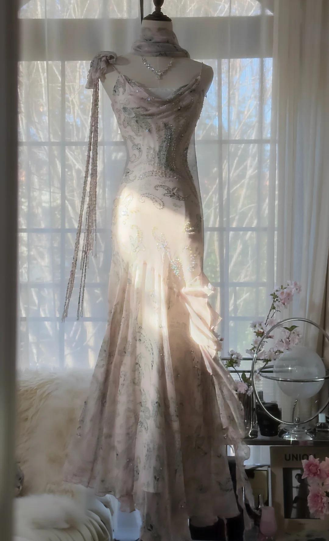 E??? Fairytale Pink Spaghetti Straps Mermaid Evening Gowns Vintage Elegant Beaded Silk Long Prom Dress Guest Dresses Main image