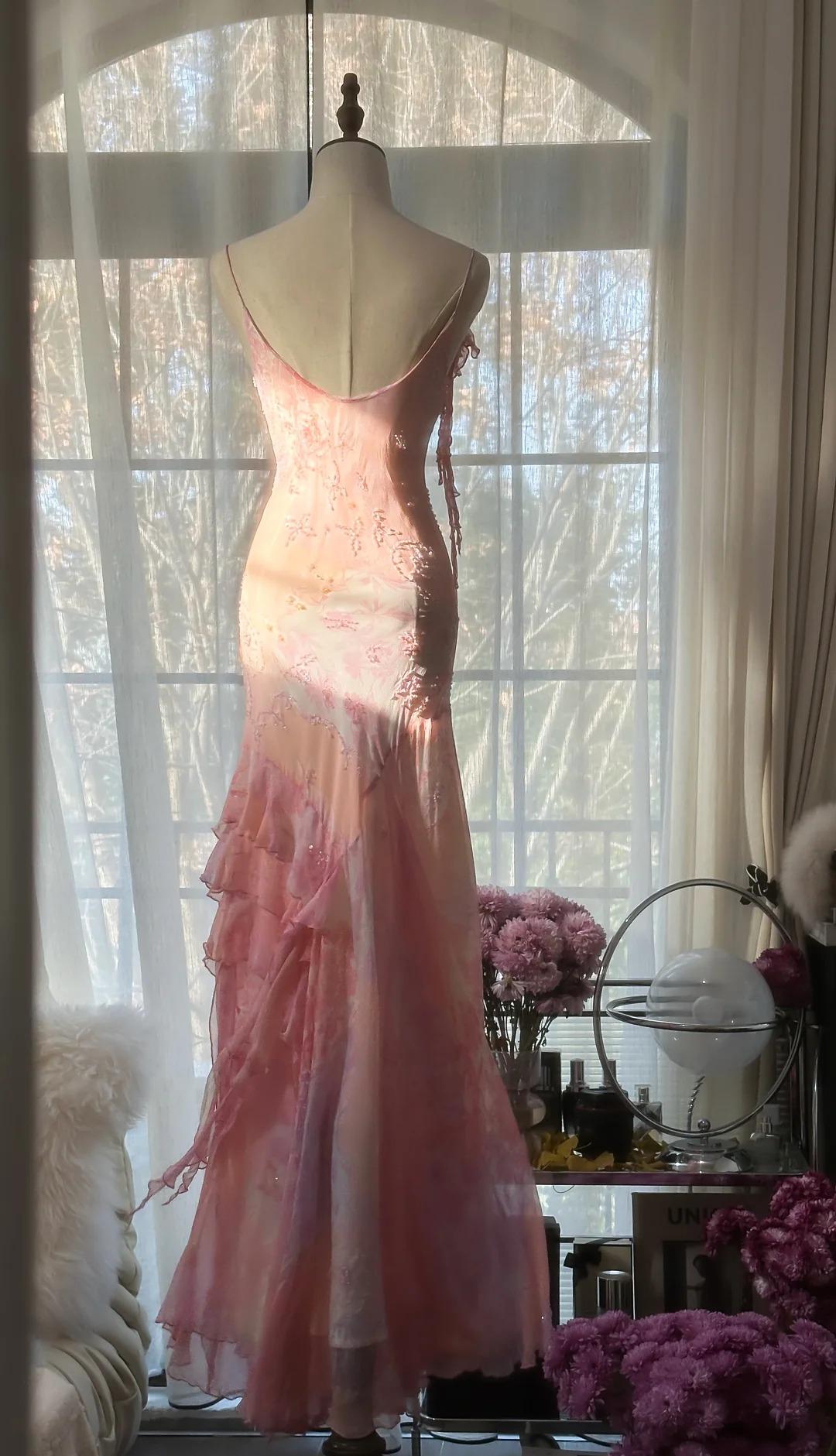 Vintage Pink Spaghetti Strap Mermaid Party Dresses  Fairytale Chiffon Beaded Long Prom Dresses Secondary image