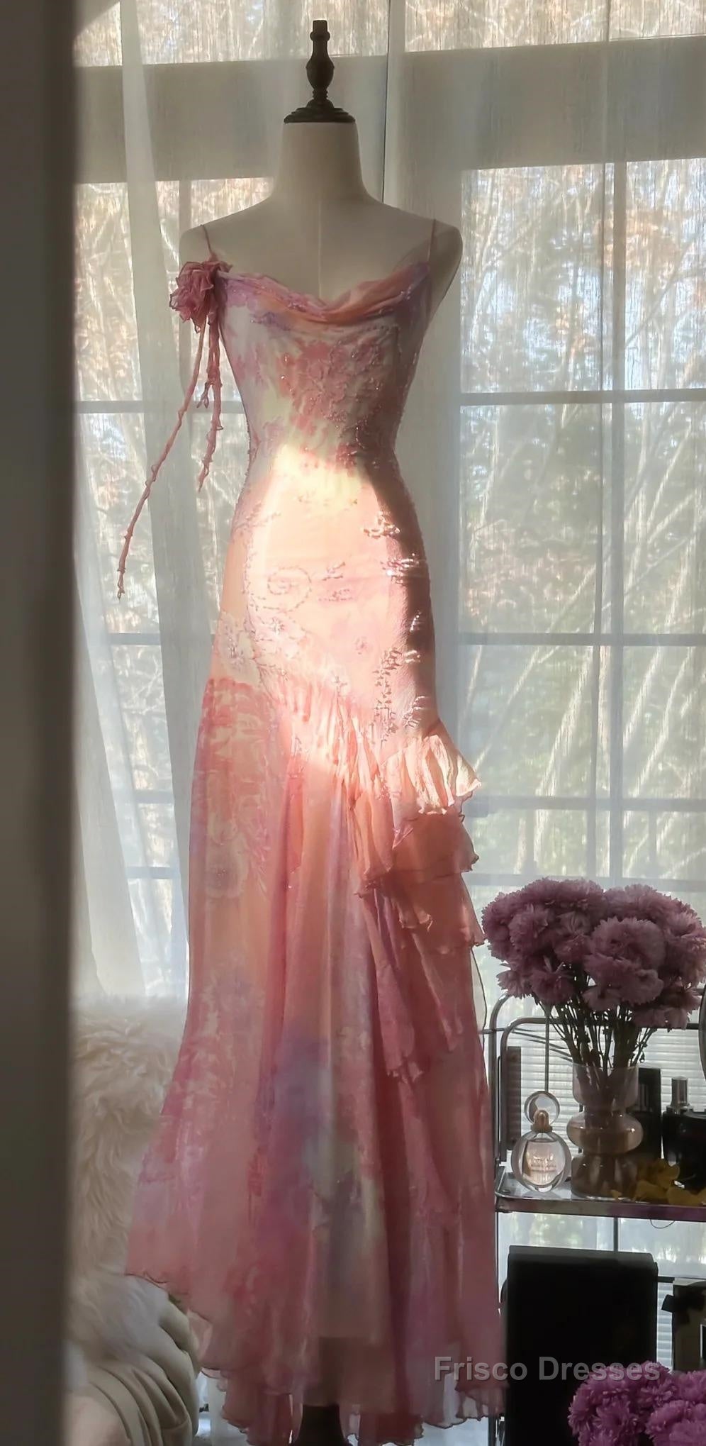 Fairytale Pink Mermaid Gown For Prom&Party-Vintage Spaghetti Strap Chiffon Beaded Long Evening Dress Main image
