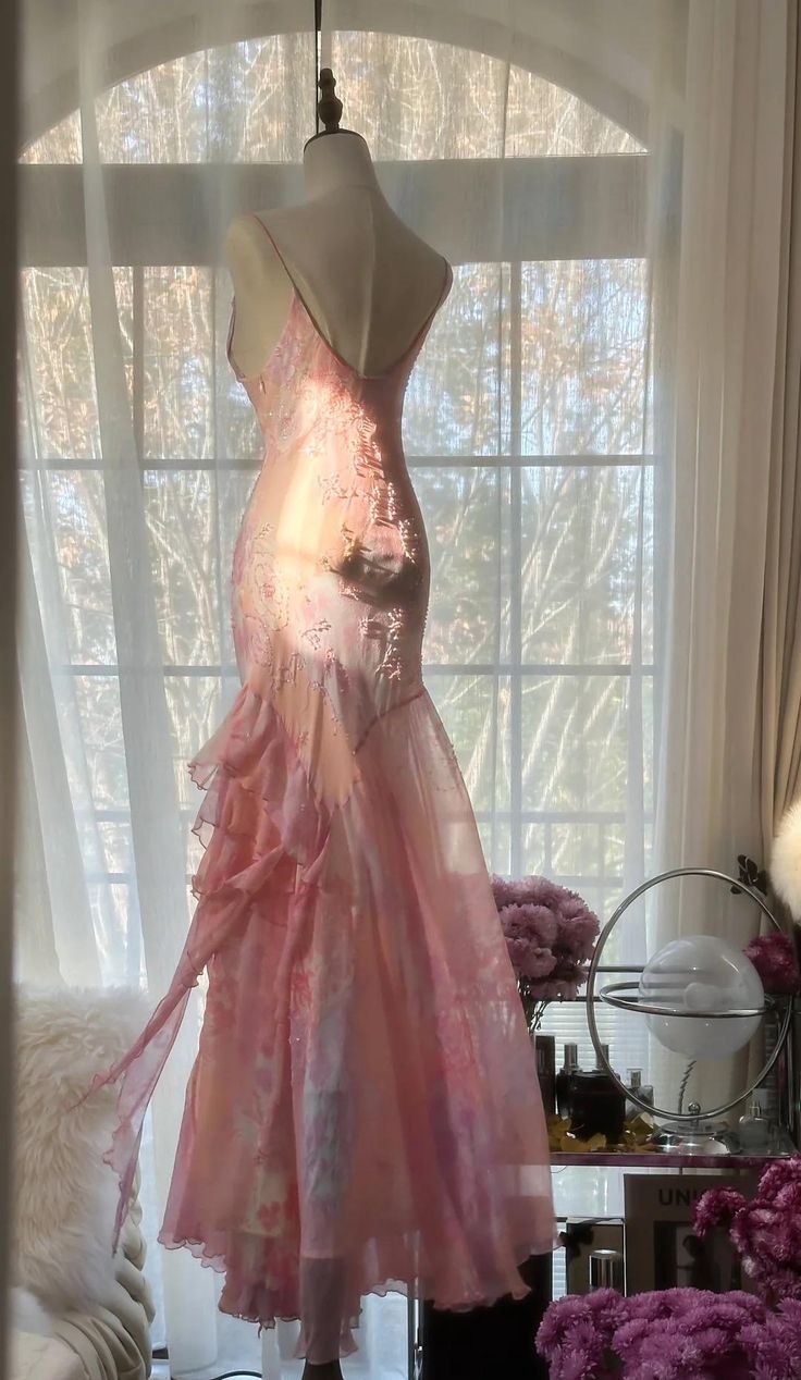 Fairytale Pink Mermaid Spaghetti Strap Beaded Ruffle Chiffon Prom Dress Secondary image