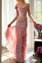 Fairytale Pink Mermaid Spaghetti Strap Beaded Ruffle Chiffon Prom Dress