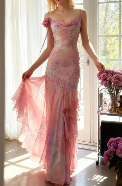 Fairytale Pink Mermaid Spaghetti Strap Beaded Ruffle Chiffon Prom Dress