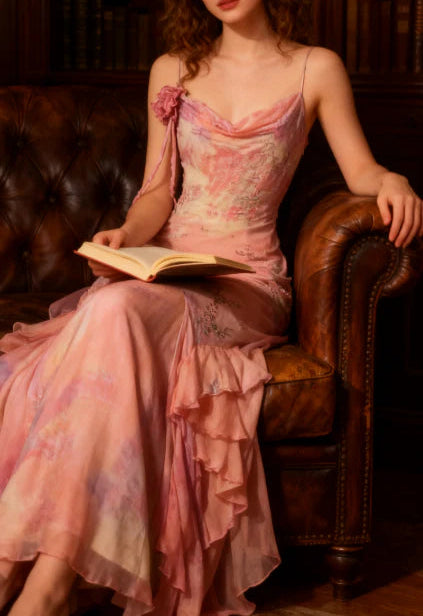 Fairytale Pink Mermaid Spaghetti Strap Beaded Ruffle Chiffon Prom Dress