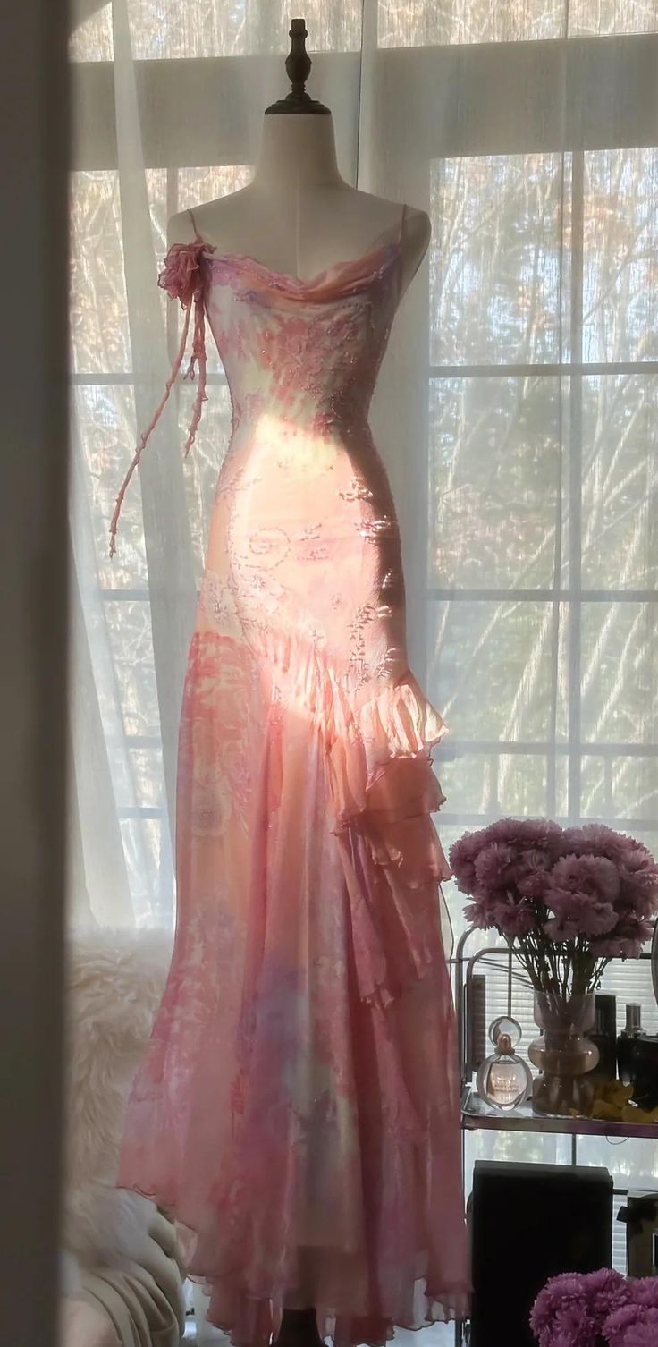 Fairytale Pink Mermaid Spaghetti Strap Beaded Ruffle Chiffon Prom Dress Main image