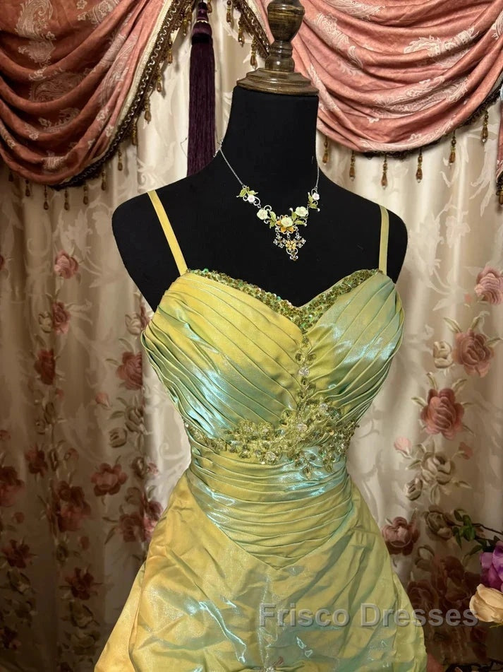 Fairytale Sage A-Line Mask Formal Prom Dress Beaded Satin Evening Gown For Birthady&Graduation