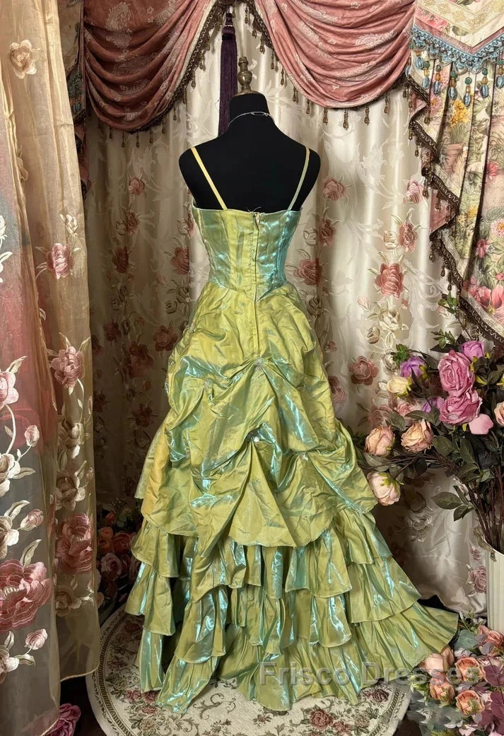 Fairytale Sage A-Line Mask Formal Prom Dress Beaded Satin Evening Gown For Birthady&Graduation