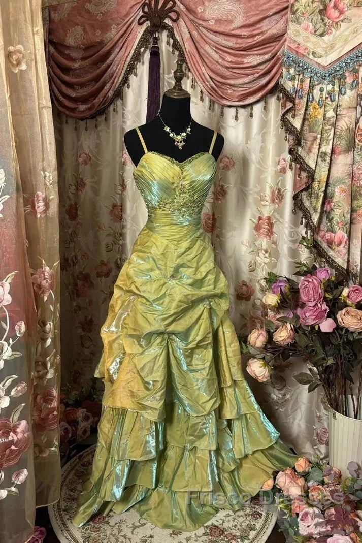 Fairytale Sage A-Line Mask Formal Prom Dress Beaded Satin Evening Gown For Birthady&Graduation