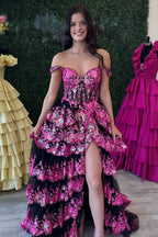 Fairytale Sequin-Embroidery Off-The-Shoulder Tiered Long Prom Dress With Slit