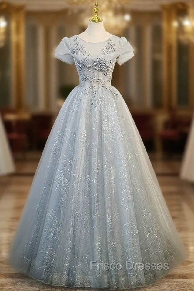 Fancy Gray Tulle Sequins Short Sleeve Beading Formal Prom Dress