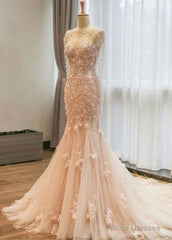 Fantastic Mermaid Tulle Wedding Dresses With Lace Appliques & 3D Flowers & Beadings