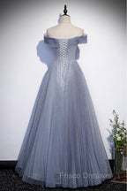 Fantasy Dusty Blue Bling Tulle Formal Prom Dress Off Shoulder With Bling
