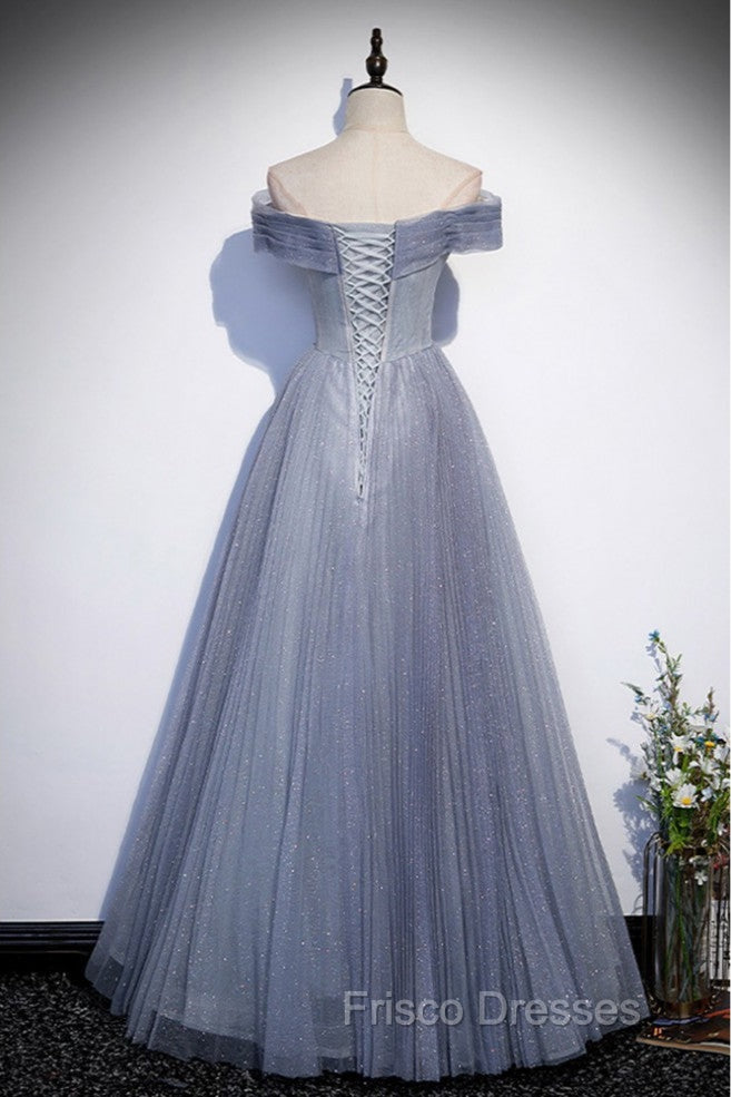 Fantasy Dusty Blue Bling Tulle Formal Prom Dress Off Shoulder With Bling