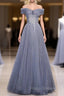 Fantasy Dusty Blue Bling Tulle Formal Prom Dress Off Shoulder With Bling