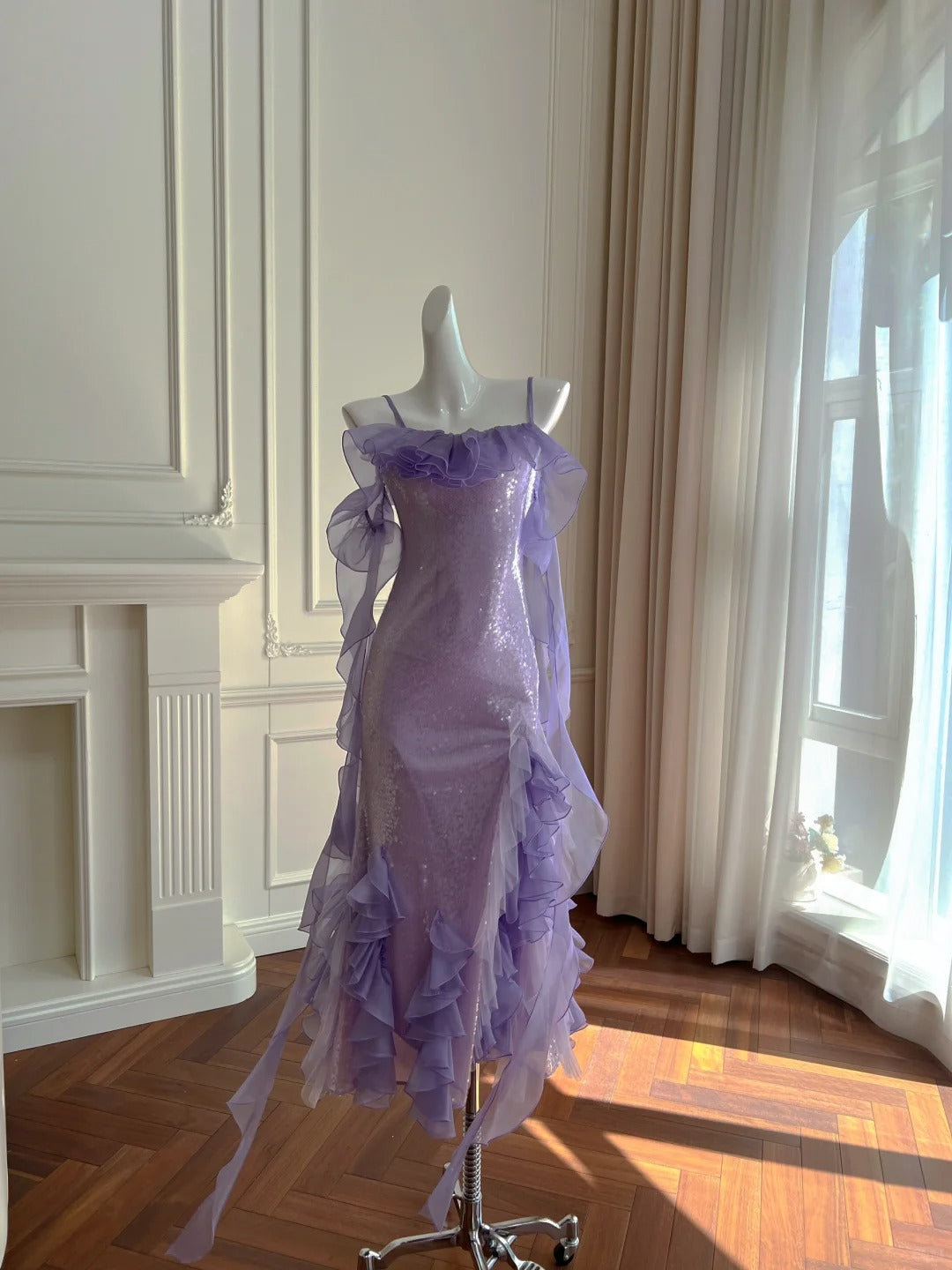 Fantasy Purple Mermaid Ruffled Tulle Sequined Long Prom Dress Evening Dress Secondary image