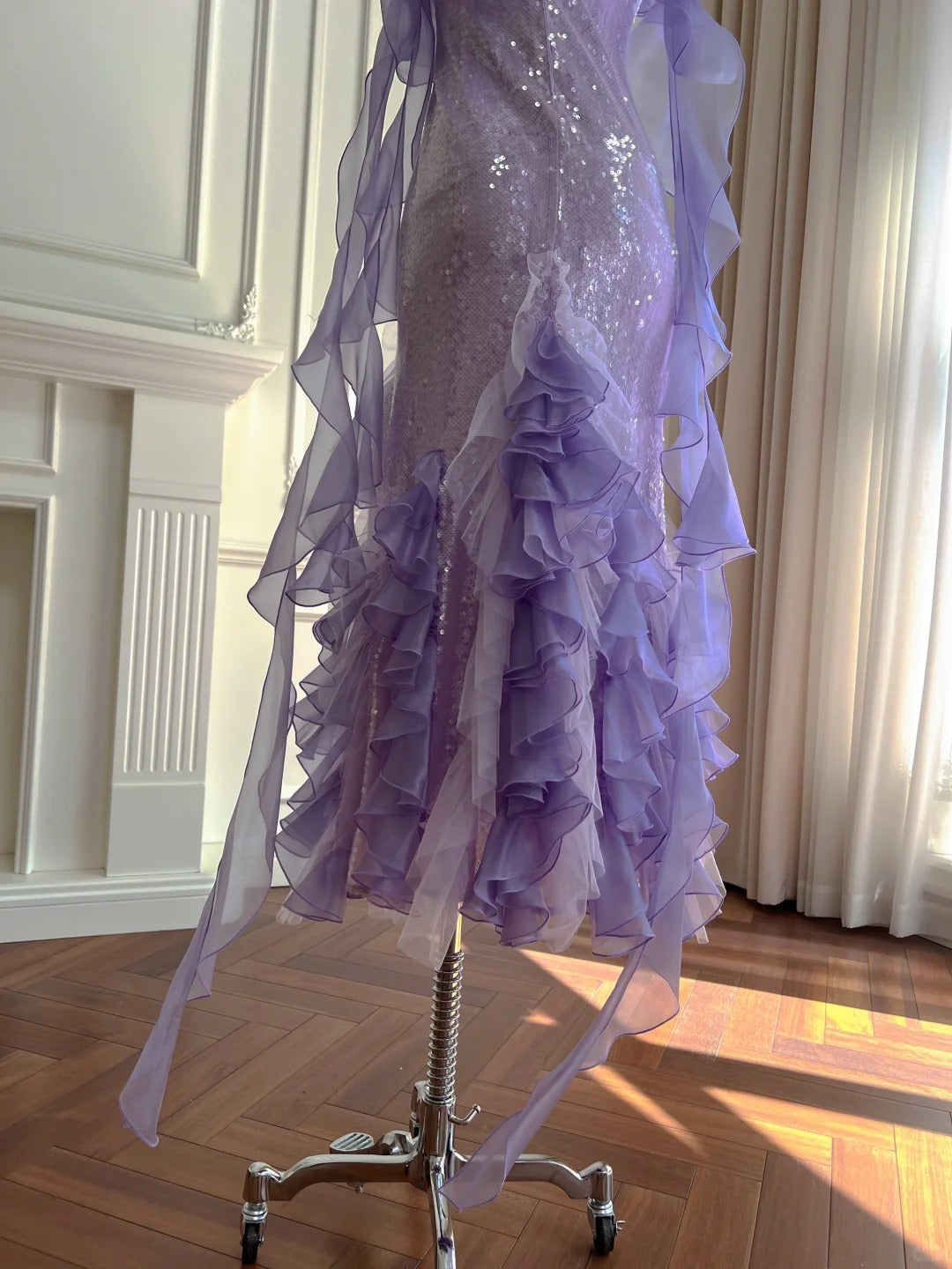 Fantasy Purple Mermaid Ruffled Tulle Sequined Long Prom Dress Evening Dress