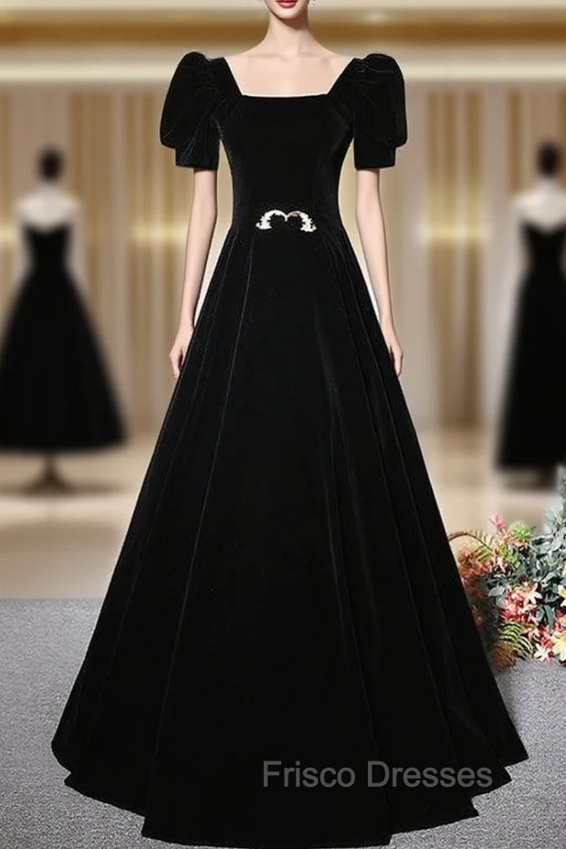 Fashion Black Velvet Short Sleeve Square Neck Formal Prom Dress Main image