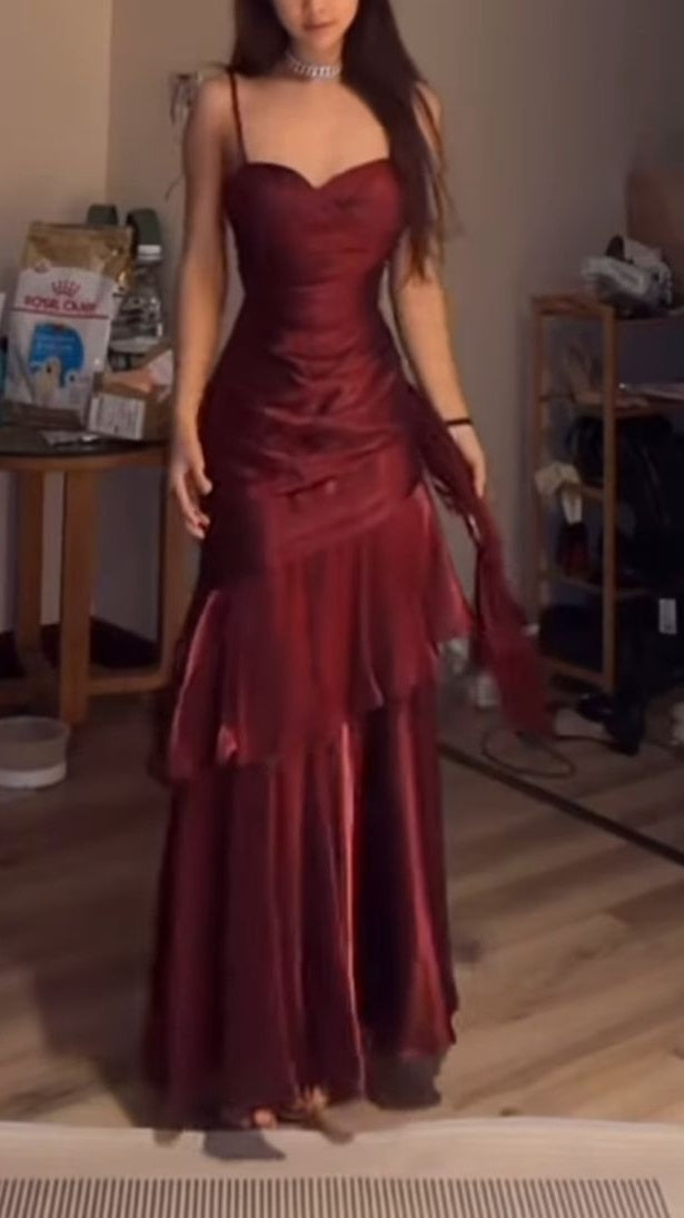 Fashion Burgundy Ruffle Long Prom Dresses Spaghetti Straps Dance Dress Secondary image