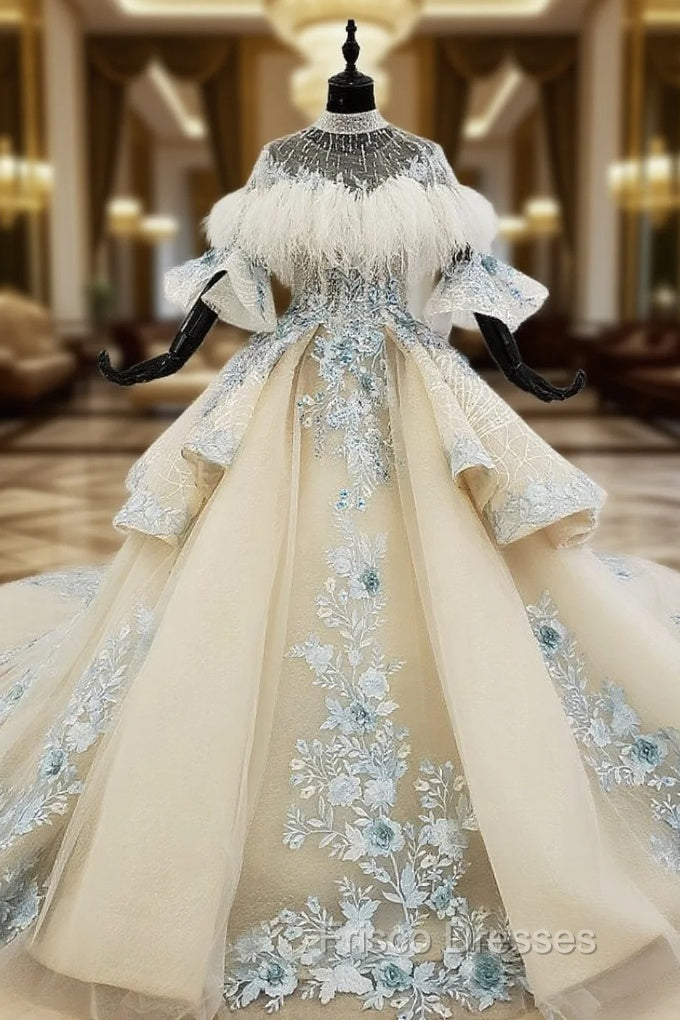 Fashion Champagne Ball Gown Tulle Appliques Short Sleeve Wedding Dress With Long Train