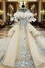 Fashion Champagne Ball Gown Tulle Appliques Short Sleeve Wedding Dress With Long Train