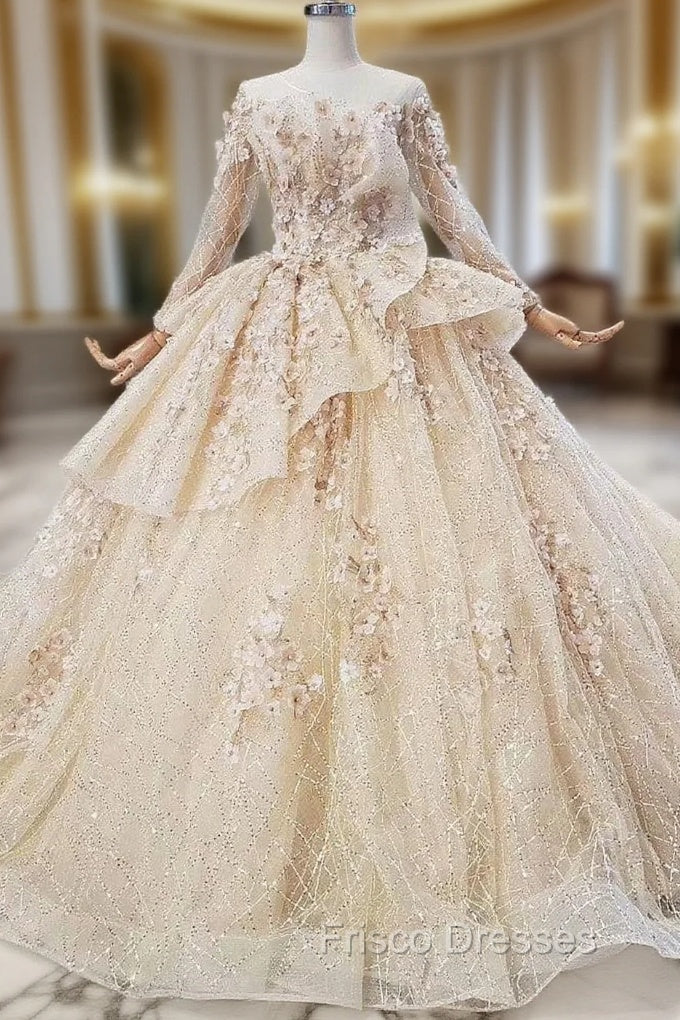 Fashion Champagne Ball Gown Tulle Sequins Long Sleeve Appliques Wedding Dress