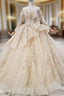Fashion Champagne Ball Gown Tulle Sequins Long Sleeve Appliques Wedding Dress