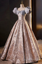 Fashion Floor-Length Printing Formal Prom Dress, A-Line Short Sleeve Backless Formal Dress