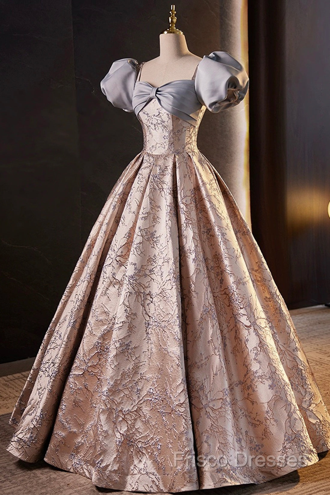 Fashion Floor-Length Printing Formal Prom Dress, A-Line Short Sleeve Backless Formal Dress