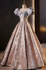 Fashion Floor-Length Printing Prom Dresses, A-Line Short Sleeve Backless Evening Formal Dresses