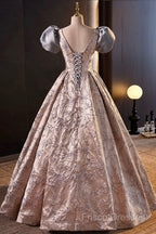 Fashion Floor-Length Printing Formal Prom Dress, A-Line Short Sleeve Backless Formal Dress
