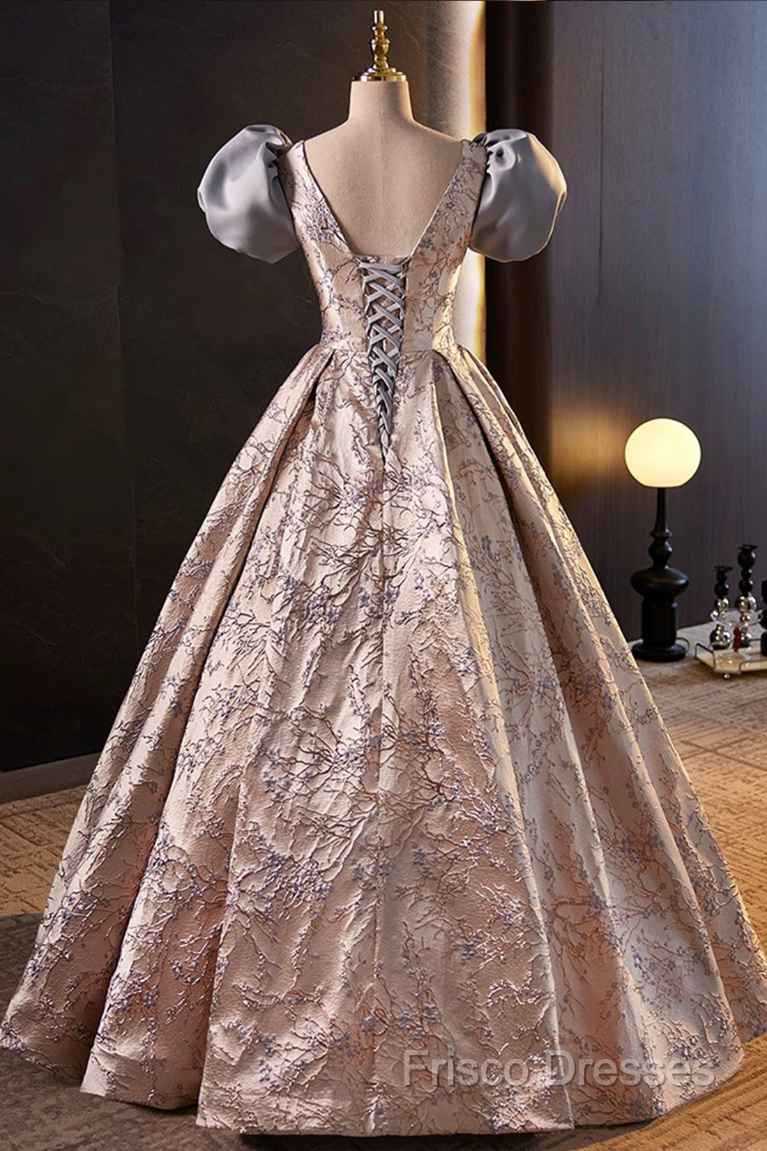 Fashion Floor-Length Printing Formal Prom Dress, A-Line Short Sleeve Backless Formal Dress