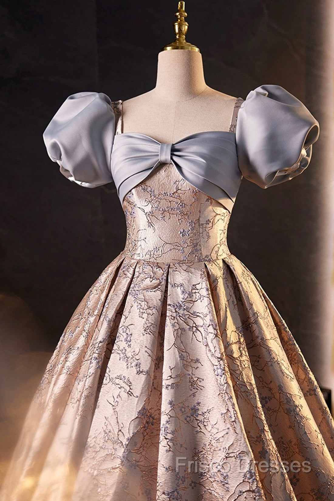 Fashion Floor-Length Printing Formal Prom Dress, A-Line Short Sleeve Backless Formal Dress