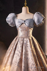 Fashion Floor-Length Printing Prom Dresses, A-Line Short Sleeve Backless Evening Formal Dresses