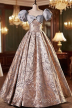 Fashion Floor-Length Printing Formal Prom Dress, A-Line Short Sleeve Backless Formal Dress