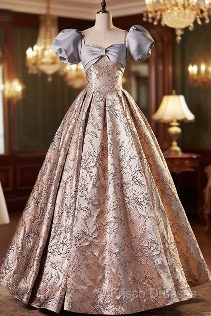 Fashion Floor-Length Printing Formal Prom Dress, A-Line Short Sleeve Backless Formal Dress